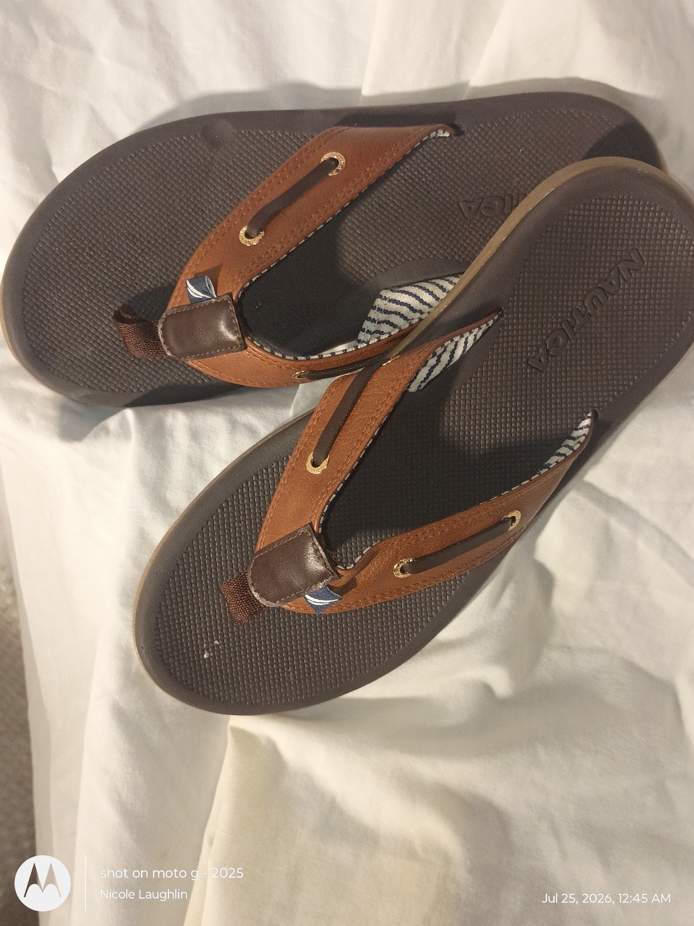 Nautica Brown and Dark Brown Men’s Leather-Trim Flip Flops